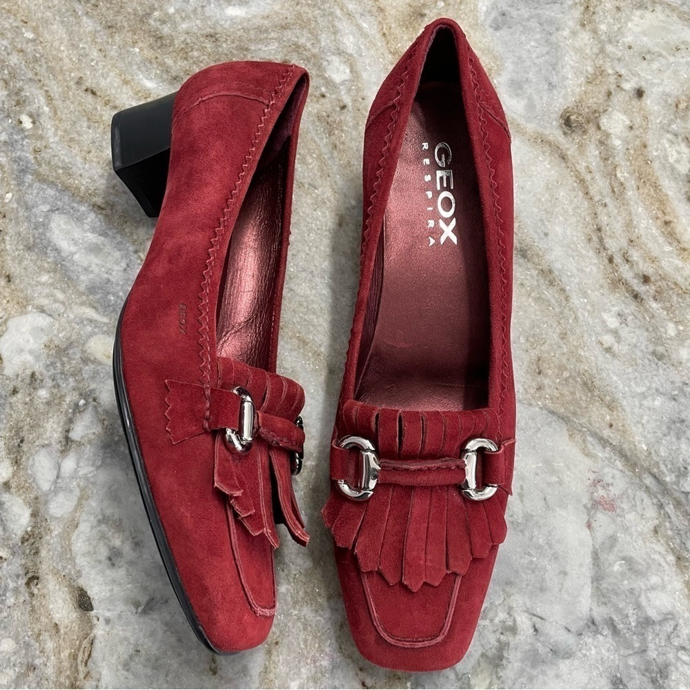 Geox Burgundy Suede Horse Bit Heels Loafers